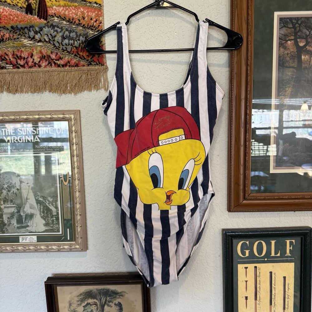 Vintage 1994 RARE Looney Tunes Tweety Bird Striped July 4th One Piece‎ Swimsuit